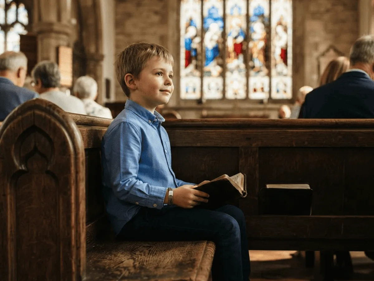 Niño en la iglesia leyendo la Biblia